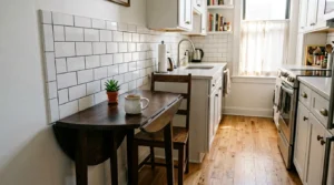 drop leaf table folded as narrow console against wall in small galley kitchen