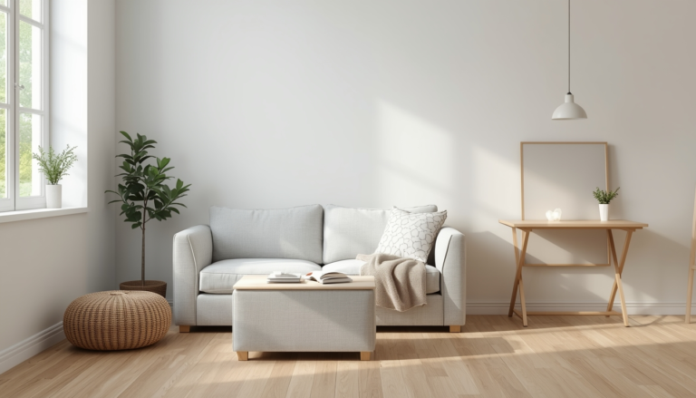 Small space furniture on a budget — gray sofa, storage ottoman and wall-mounted folding table in a compact living room