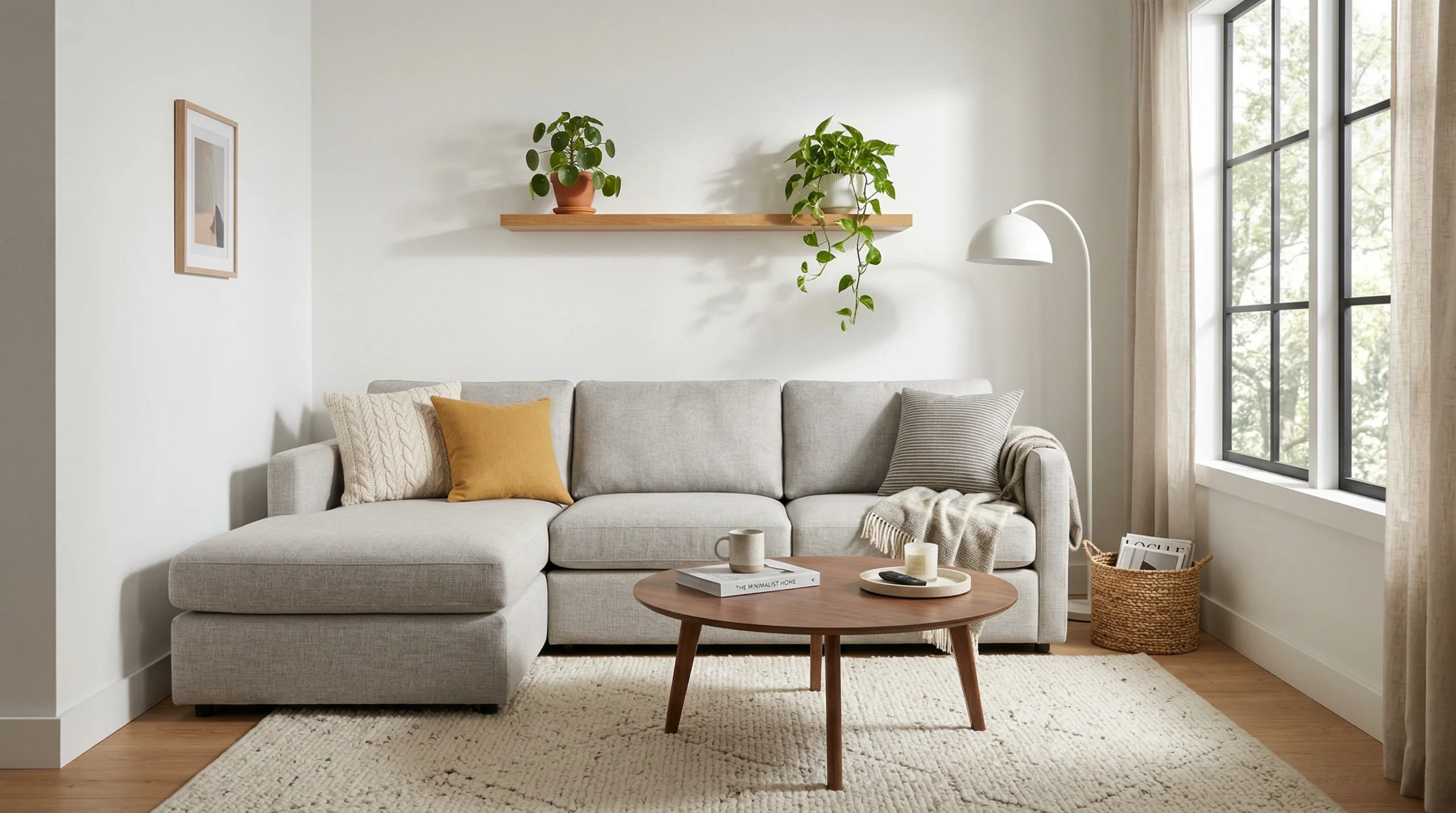 Best sectional sofas under 500 – compact L-shaped gray linen sofa in a small modern living room with natural light