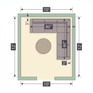 Small living room sectional size guide – bird's-eye floor plan showing an 80-inch L-shaped sofa in a 10x12 ft room with dimension lines