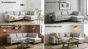 Budget sectional sofa styling ideas – four small living rooms in Scandinavian, minimalist, industrial, and farmhouse styles