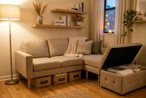 Sectional sofa storage and space-saving tips – under-sofa bins, storage ottoman, and floating shelves in a studio apartment