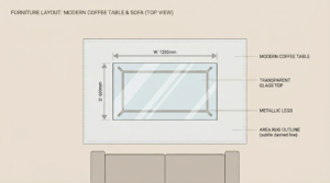 mall coffee table dimensions layout top view showing 1200mm width and 600mm depth with sofa and area rug for small spaces