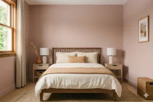 Blush pink small bedroom color scheme with walnut bed frame and cream linen bedding