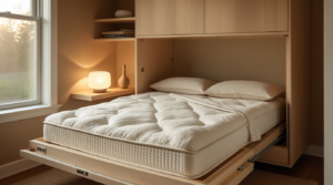 queen murphy bed fully open with thick memory foam mattress in small bedroom
