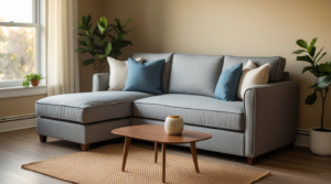 grey linen queen sofa bed in small living room used as seating during the day