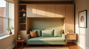 murphy bed with integrated sofa system in small studio apartment