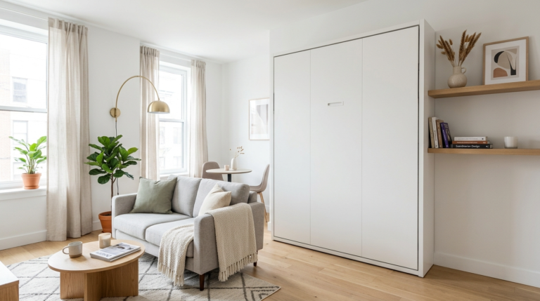 White vertical murphy bed cabinet closed against a wall in a bright Scandinavian-style studio apartment with a gray sofa, oak floating shelves, and light hardwood floors