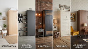Split-view collage showing a murphy bed styled in five different interior design aesthetics including Scandinavian white birch, modern minimalist gray, industrial steel frame, farmhouse shaker panel, and bohemian natural wood