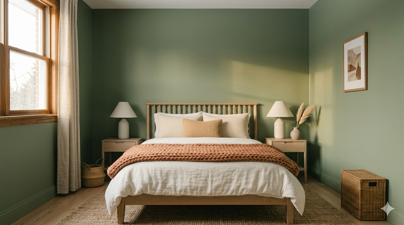Small bedroom color schemes — warm sage green walls with oak furniture and linen bedding