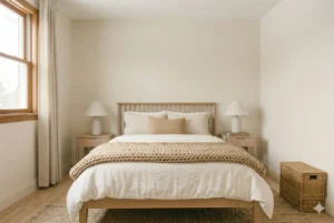 All-neutral tonal small bedroom color scheme with layered cream and oatmeal textures