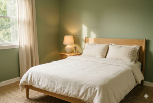 Warm sage green small bedroom color scheme with oak nightstand and cream linen bedding