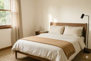 Warm oatmeal small bedroom color scheme with walnut furniture and cream textiles