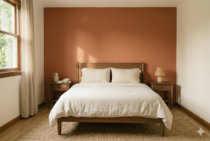 Terracotta accent wall small bedroom color scheme with cream linen bedding and warm oatmeal side walls