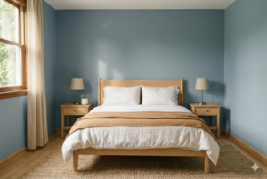 Dusty blue small bedroom color scheme with brass accents and blond wood furniture