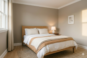 Warm greige small bedroom color scheme with white trim, oak furniture and cream textiles