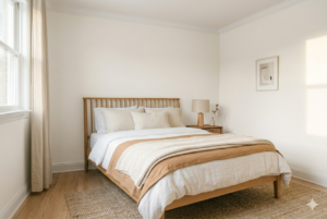 Soft white small bedroom color scheme with warm oak bed frame and linen bedding