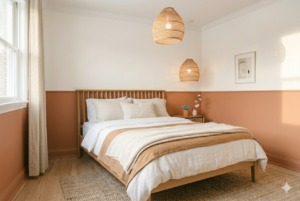 Two-tone small bedroom color scheme with warm terracotta lower half and soft white upper walls