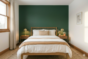 Dark green moody headboard wall small bedroom color scheme with brass accents and white bedding