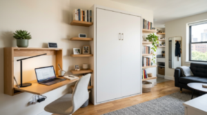A studio apartment showing a folded murphy bed flanked by floating shelves, a wall-mounted fold-down desk on one side, and a storage ottoman holding bedding in the foreground