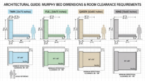 Visual comparison of twin, full, queen, and king murphy bed dimensions with room clearance measurements