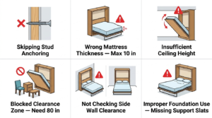 Infographic showing six common murphy bed mistakes including skipping wall stud anchoring, wrong mattress thickness, insufficient ceiling height, blocked clearance zone, cheap spring hardware, and DIY on non-standard walls