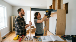 Two people installing a queen murphy bed cabinet against a wall, one holding a cordless drill to secure lag bolts into wall studs while the other supports the frame