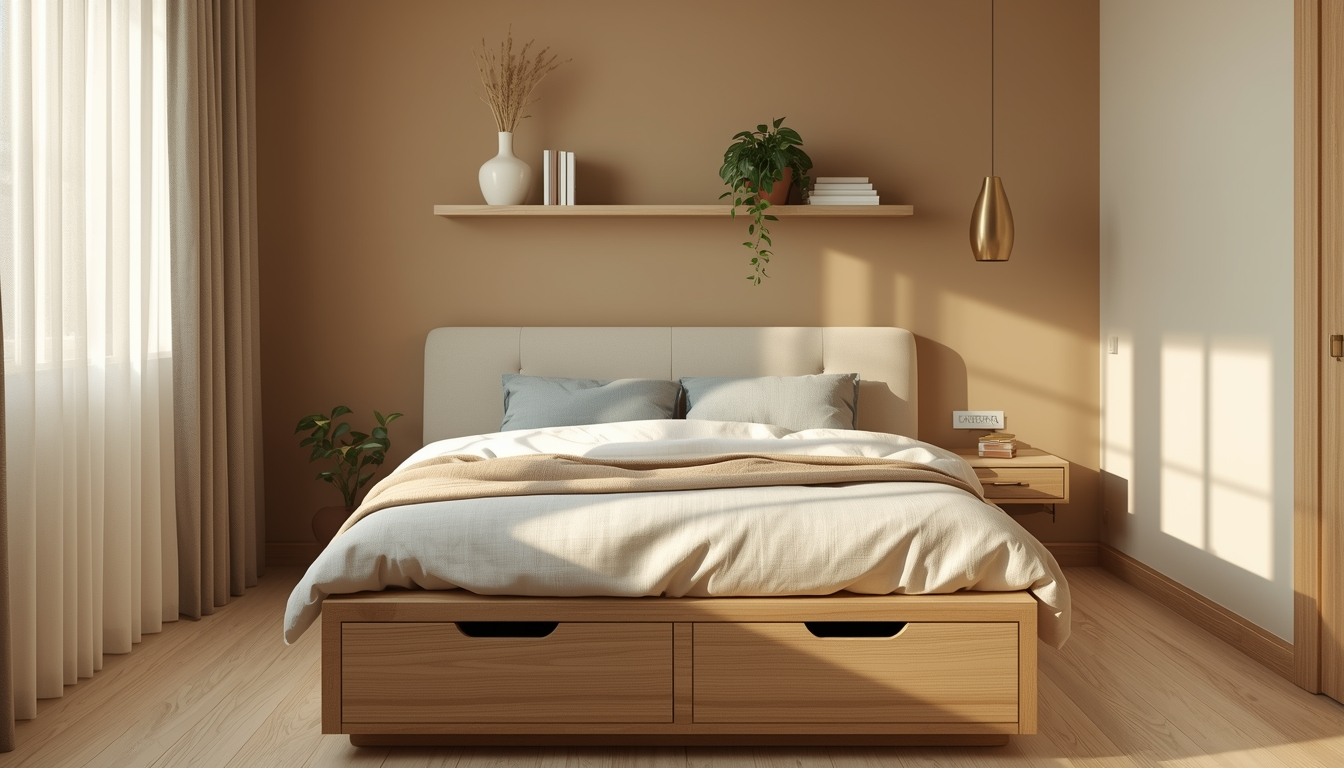 small bedroom ideas — platform bed with storage drawers and floating shelves in a cozy compact bedroom