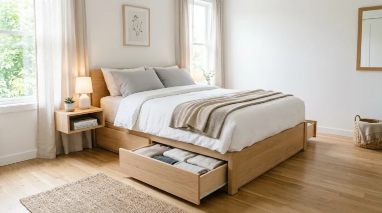 Queen storage bed with open drawers in a small bright bedroom with white walls and hardwood floors