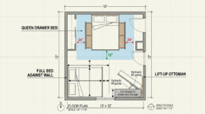 Storage bed size guide for small bedrooms — top-view floor plan showing queen drawer bed clearance zones, full bed against wall layout and lift-up ottoman placement in a 10x12 bedroom