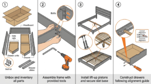 Storage bed assembly guide for small bedrooms showing 4 steps — unpacking components, attaching side rails, building the frame and testing the drawer mechanism in final position