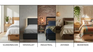 Storage bed styling ideas for small bedrooms — five interior design styles side by side including Scandinavian, minimalist, industrial, farmhouse and bohemian bedroom decor