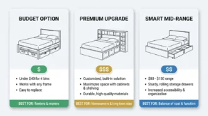 Storage bed alternatives for small bedrooms — three options compared: budget under-bed bins, premium built-in platform with cabinetry and space-saving ottoman lift-up bed
