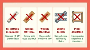 5 common storage bed buying mistakes for small bedrooms — no drawer clearance, wrong material, overloaded drawers, wrong mattress height and skipped assembly instructions with corrections