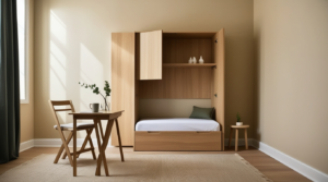 Murphy bed folded up against wall in a small bedroom used as a home office during the day