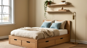 Small bedroom ideas — storage platform bed with floating shelves above in a compact room