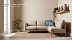2026 Scandinavian color palette for small living rooms with warm whites, greige walls, dusty blue cushions and oak wood accents