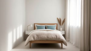 Small bedroom with light color palette — warm white walls, light oak furniture and linen bedding creating an open spacious feel