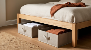 Under-bed storage in a small bedroom — flat rolling storage boxes organized under a platform bed