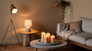 Layered lighting in a small Scandinavian living room with a brass floor lamp, table lamp on a side table, and candles on the coffee table for hygge
