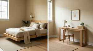 Small bedroom with defined zones — sleeping area and compact workspace coexisting in a 130 square foot room