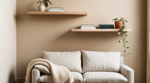 Floating oak shelves above a small Scandinavian living room sofa with books, ceramic vases and a trailing plant for vertical storage