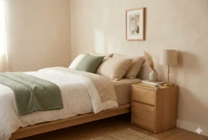 small bedroom nightstand size guide – narrow 2-drawer nightstand beside queen bed