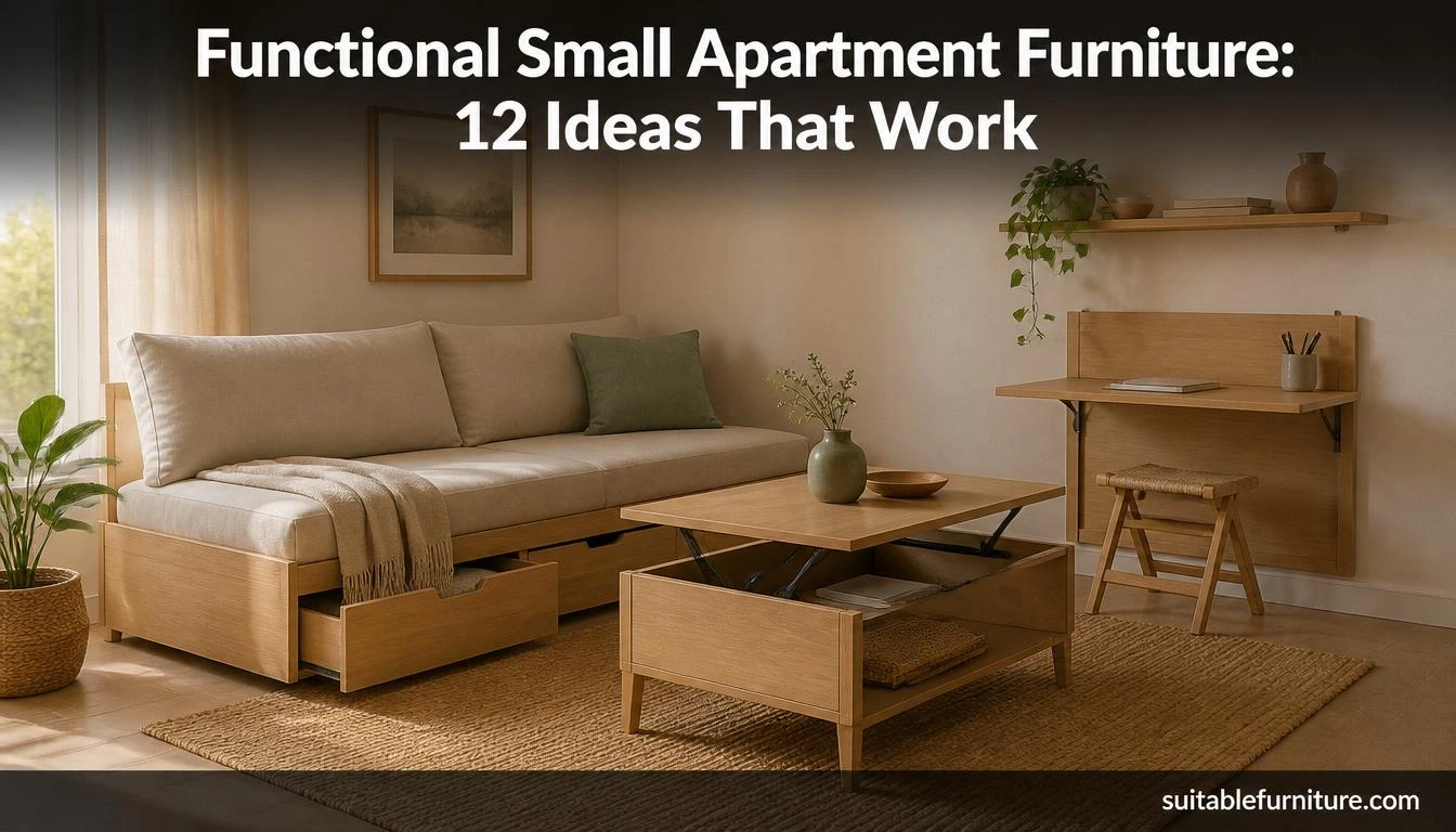 Functional small apartment furniture ideas — living room with storage sofa, lift-top coffee table, and wall-mounted desk