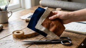 A hand holding various fabric swatches (velvet, linen, leather) next to a tape measure, illustrating material choices