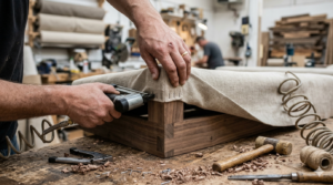 A professional upholsterer using a pneumatic staple gun to secure fabric onto a sofa's solid wood frame