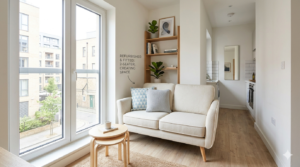A two-seater loveseat reupholstered in a light tone, placed in a bright, modern small living room.