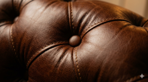 Detail shot of a full-grain leather sofa featuring elegant tufted finishes