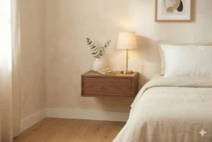 floating wall-mounted nightstand small bedroom – walnut finish with ceramic vase and book