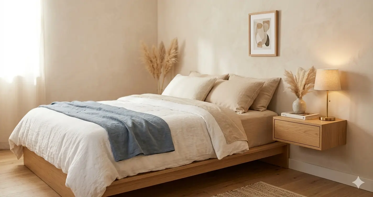 best nightstands for small bedrooms – floating wall-mounted oak nightstand beside a bed